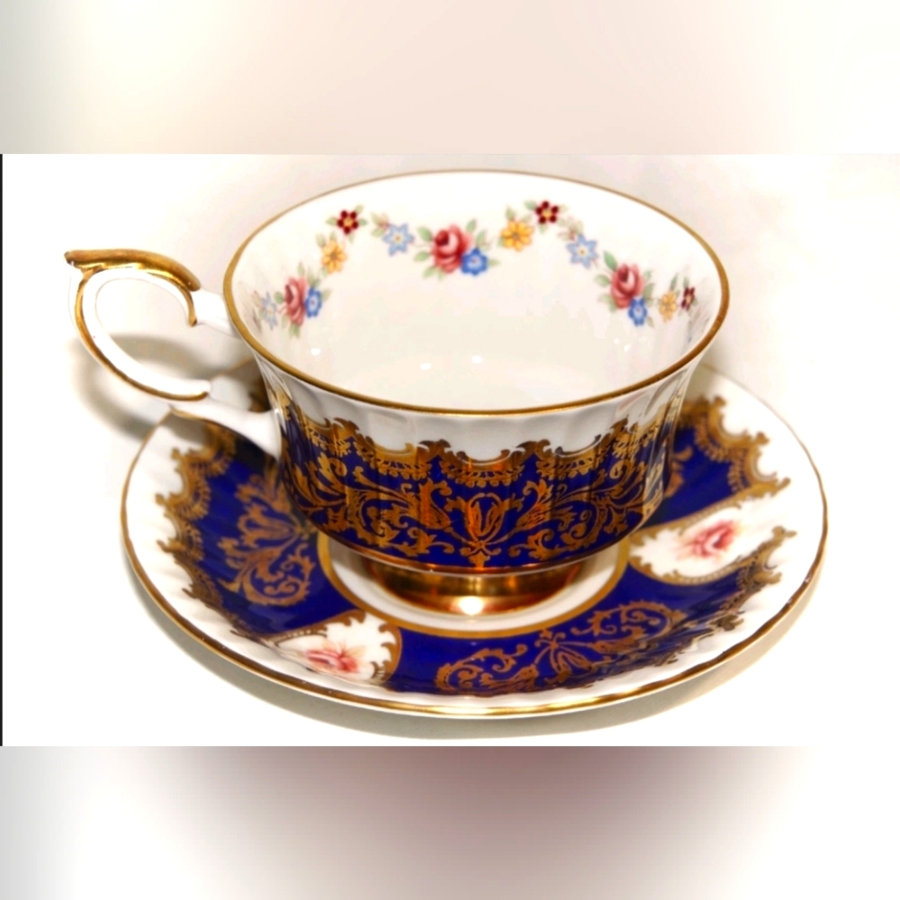Vintage Paragon England Floral Rose White Turquoise Tea Cup & Saucer Set